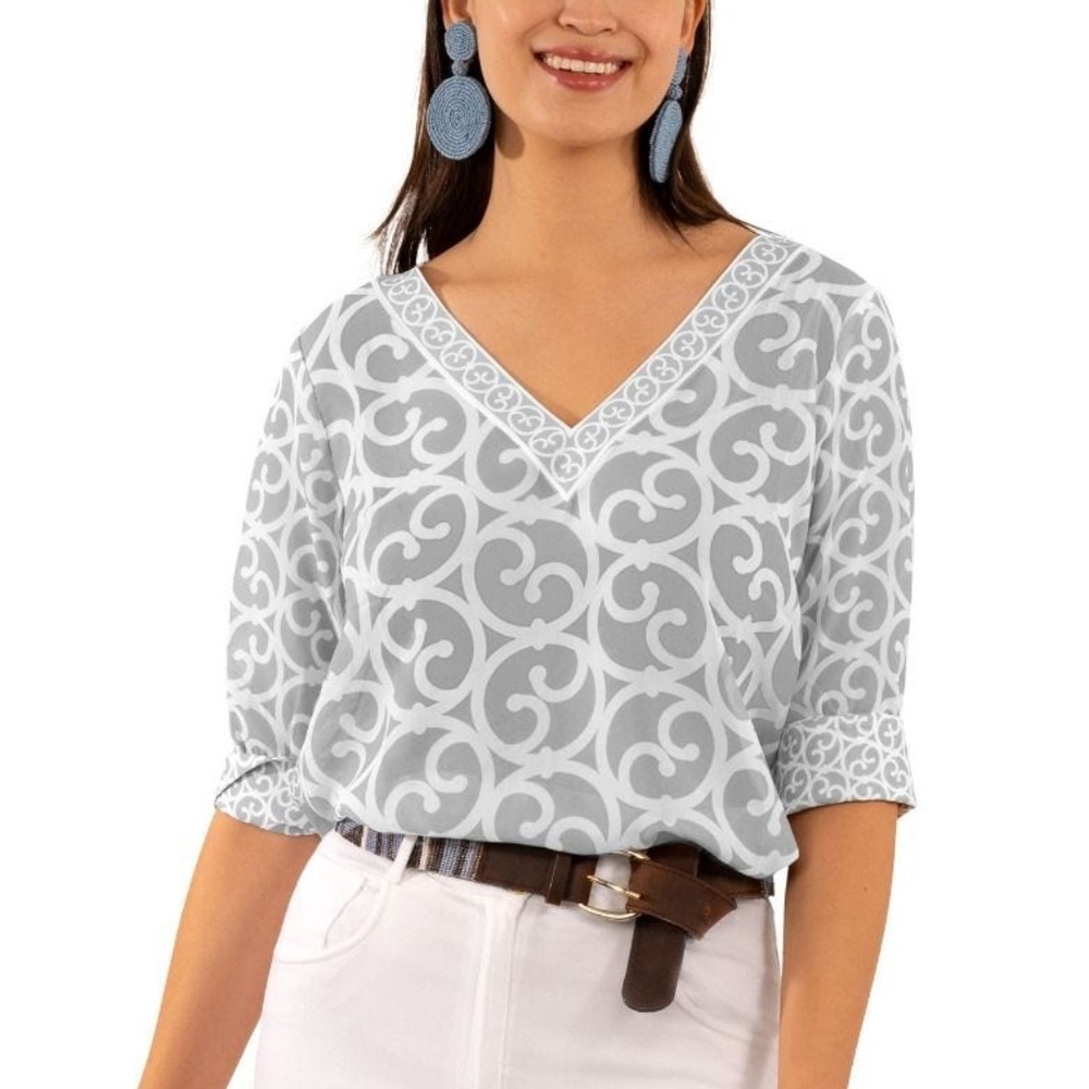 NEW! Gretchen Scott Let it Flow Semi-Sheer Chiffon Blouse Grey White XS ($129)
